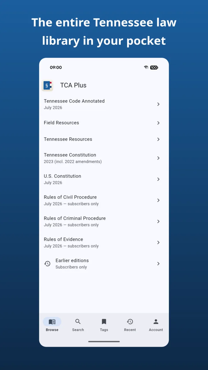 App screenshot captioned 'The entire Tennessee law library in your pocket': the Browse tab listing the Tennessee Code, field resources, constitutions, and court rules