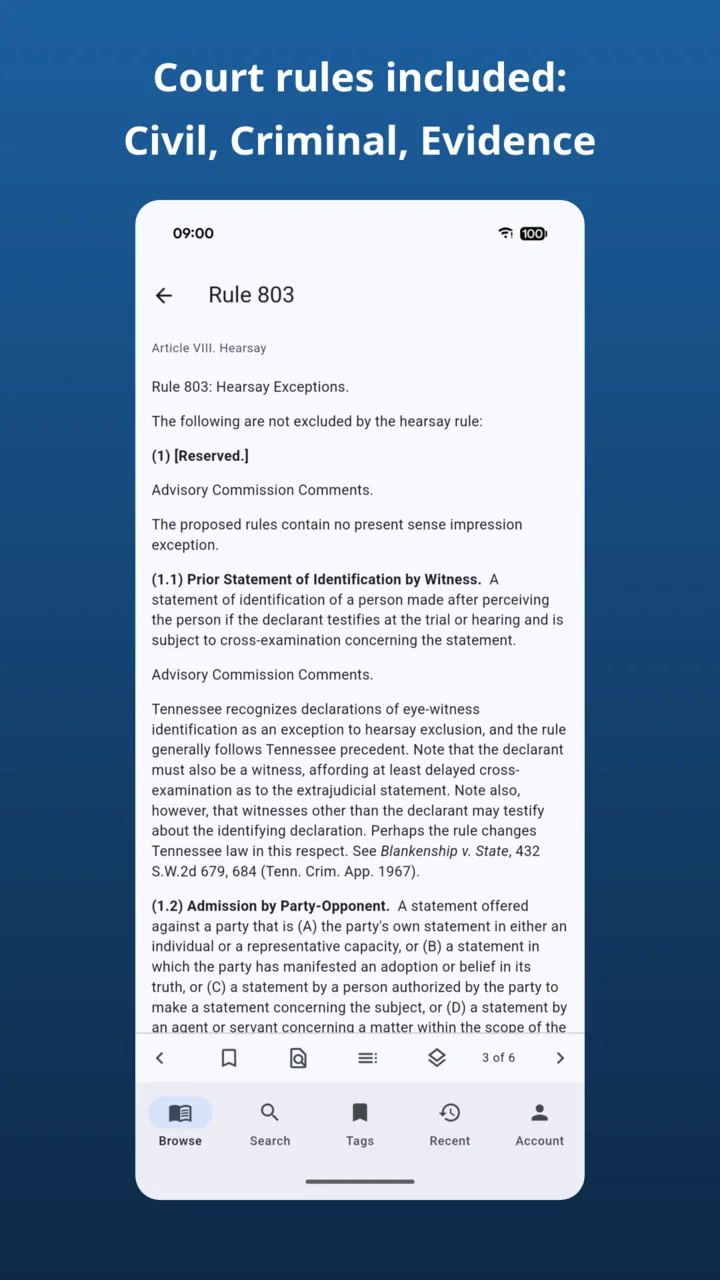 App screenshot captioned 'Court rules included: Civil, Criminal, Evidence': Tennessee Rules of Evidence, Rule 803, hearsay exceptions