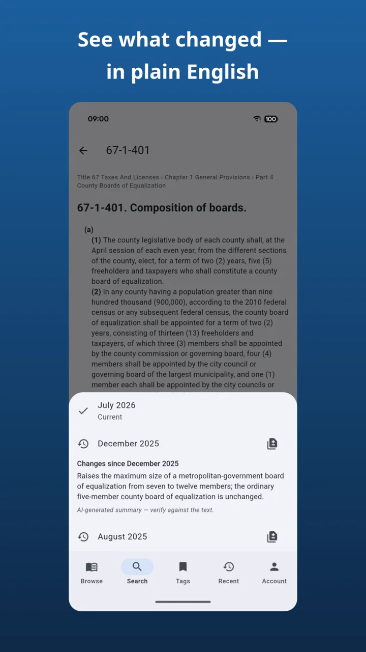 App screenshot captioned 'See what changed — in plain English': the editions sheet for § 67-1-401 with a summary of the December 2025 amendment